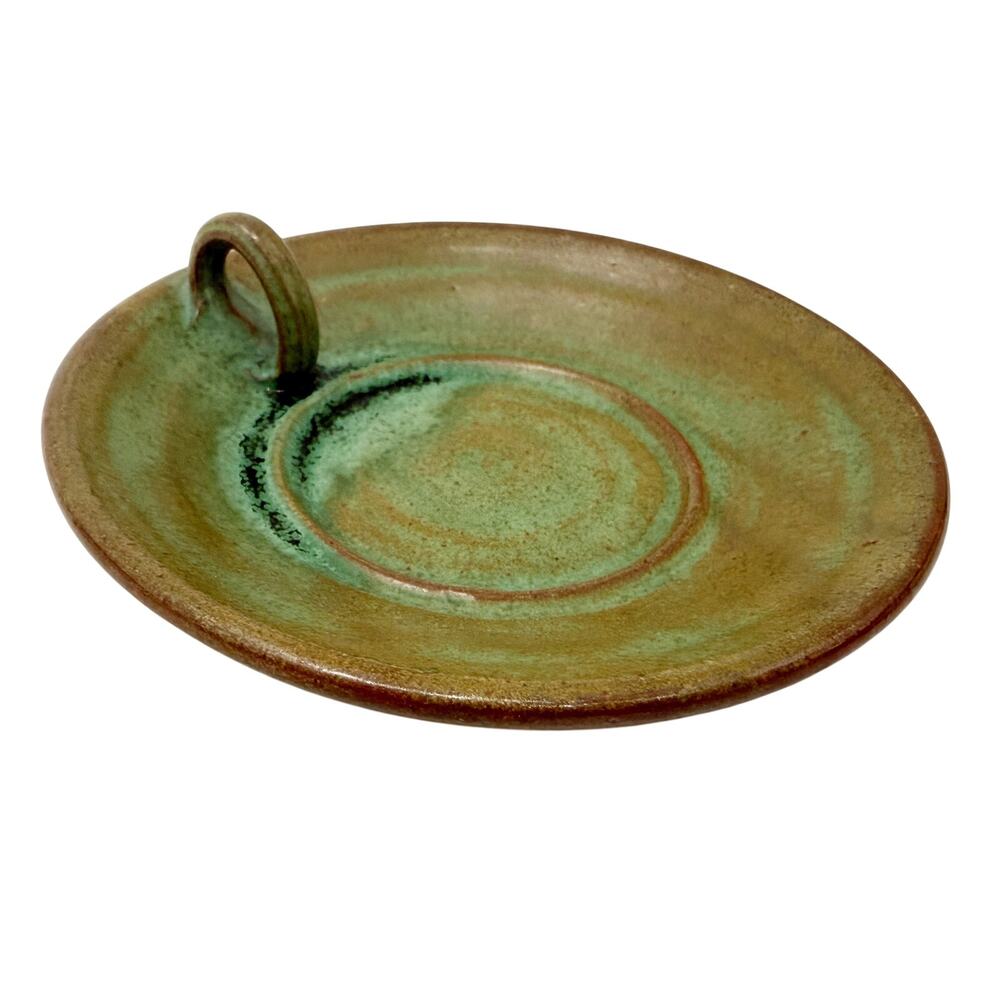 green & brown Handled Candle Holder Dish plate hand made pottery small pillar